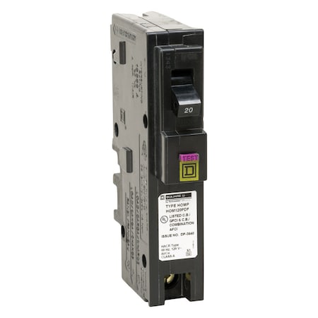 Square D Miniature Circuit Breaker, HOM Series, 20A, 1 Pole, 120V AC, 10kA HOM120PDFC